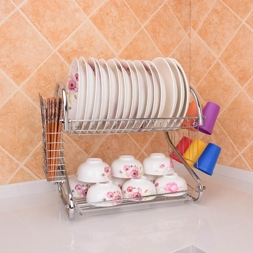 【厨房用品】 厨房置物架 双层沥水收纳碗架 滴水放碗盘子架 商品图1