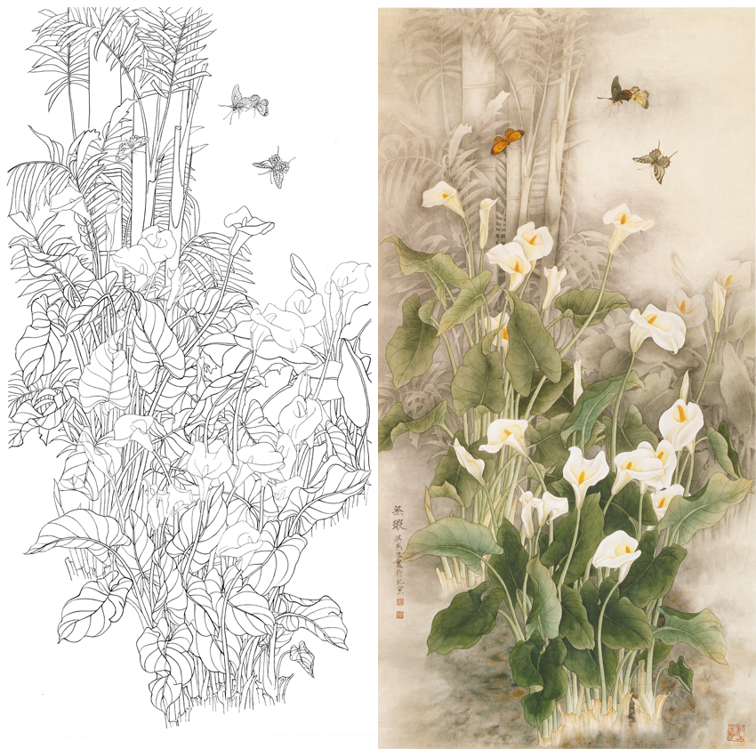 竖幅四尺六尺工笔花鸟白描底稿-梁燕生-蝴蝶马蹄莲花-无暇-A001