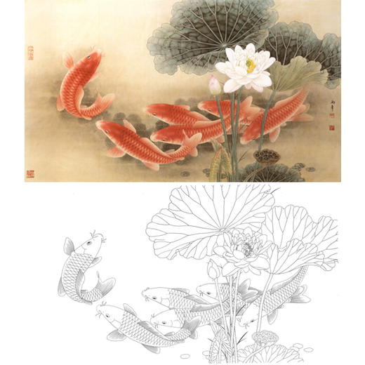 横幅工笔花鸟白描底稿-路雨年-荷花鲤鱼-A002 商品图0