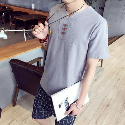 （棉麻上衣）夏季短袖新款韩版V领短袖T恤潮大码棉麻男式t恤休闲时尚青年T恤 商品图1