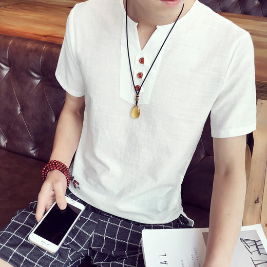 （棉麻上衣）夏季短袖新款韩版V领短袖T恤潮大码棉麻男式t恤休闲时尚青年T恤 商品图0