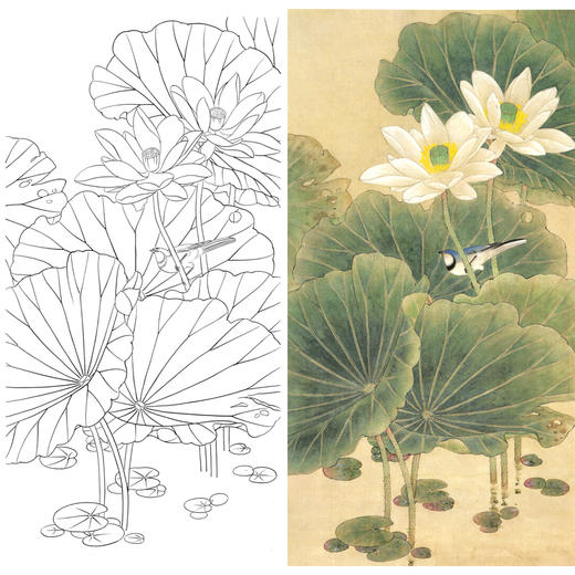 竖幅四尺六尺工笔花鸟白描底稿荷花a115