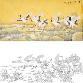 横幅四尺六尺工笔花鸟动物白描底稿-仇谷-仙鹤-晨曲-A076