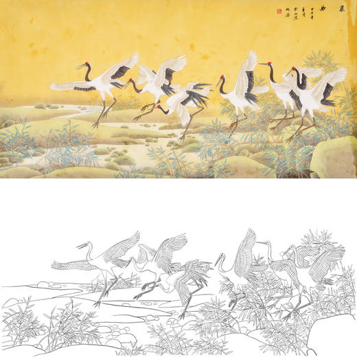 横幅四尺六尺工笔花鸟动物白描底稿-仇谷-仙鹤-晨曲-A076 商品图0