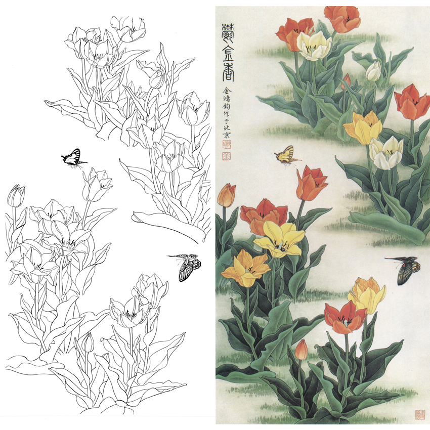 竖幅工笔花鸟白描底稿-金鸿钧-郁金香-A082