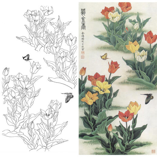 竖幅工笔花鸟白描底稿-金鸿钧-郁金香-A082 商品图0