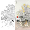 竖幅四尺六尺工笔花鸟白描底稿-张克齐-向日葵公鸡-合家欢乐-A118 商品缩略图0