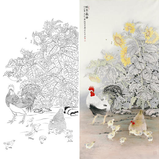竖幅四尺六尺工笔花鸟白描底稿-张克齐-向日葵公鸡-合家欢乐-A118 商品图0