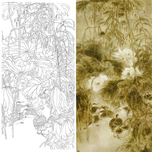 竖幅四尺六尺工笔花鸟白描底稿-荷花-A116 商品图0