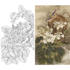 竖幅工笔花鸟白描底稿-梁燕生《暗香》-多种白描尺寸可选-A013
