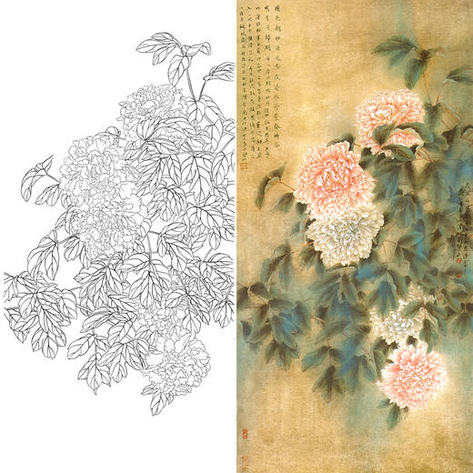 竖幅工笔花鸟白描底稿-牡丹-A046 商品图0
