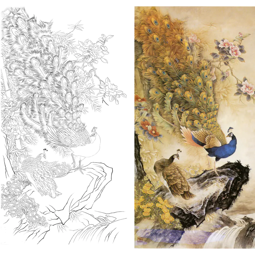 竖幅四尺六尺工笔花鸟白描底稿-张玉明-孔雀-a099