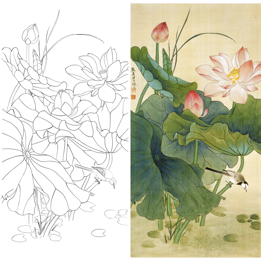 俞致贞竖幅工笔花鸟白描底稿-荷花鹡鸰-A091