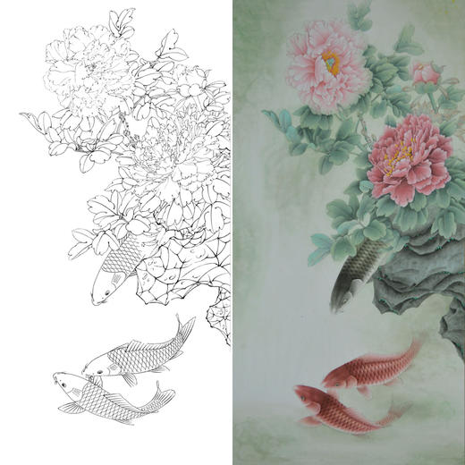 竖幅工笔四尺六尺花鸟白描底稿-牡丹鲤鱼《春江先暖》-多种白描尺寸可选-A121 商品图0