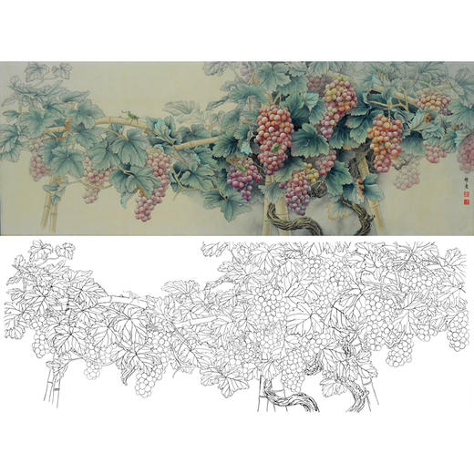 横幅工笔花鸟白描底稿-孙锡之-葡萄蝈蝈-A067 商品图0