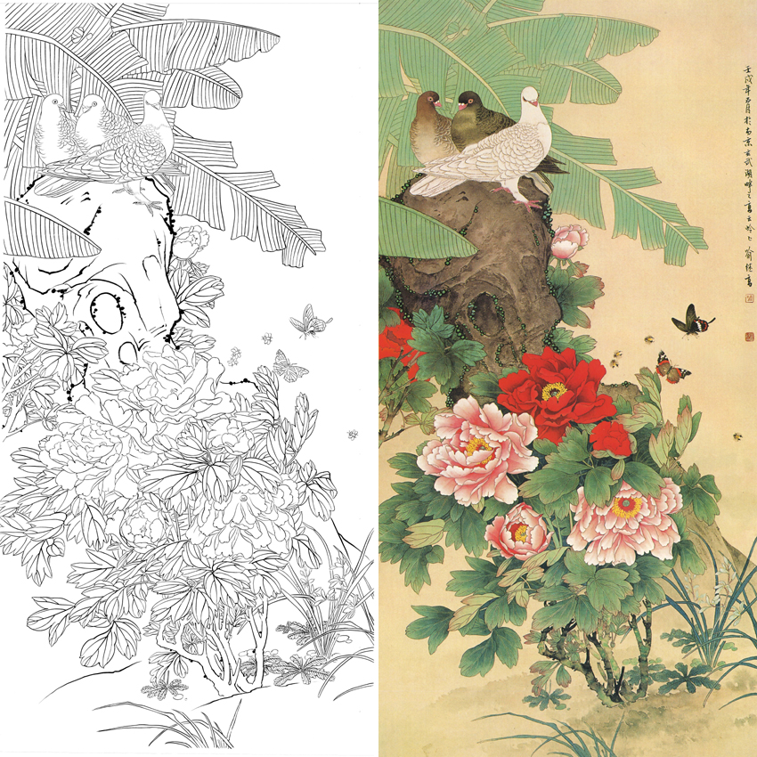 竖幅四尺六尺工笔花鸟白描底稿-喻继高-牡丹鸽子《鸽赞牡丹春》-多种白描尺寸可选-A078