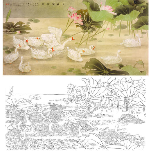 横幅工笔花鸟白描底稿-邹传安-荷塘白鹅-十美消夏图-A025 商品图0