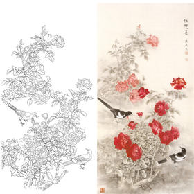 竖幅工笔花鸟白描底稿-梁燕生-月季花喜鹊《红双喜》-多种白描尺寸可选-A038