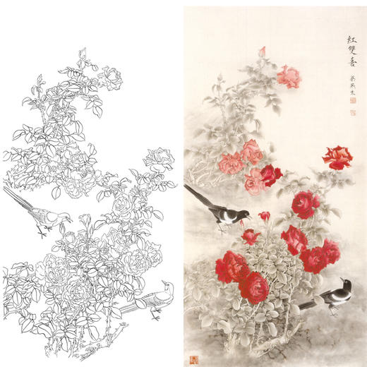 竖幅工笔花鸟白描底稿-梁燕生-月季花喜鹊《红双喜》-多种白描尺寸可选-A038 商品图0