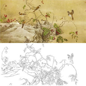 横幅工笔花鸟白描底稿-曹小民-麻雀红果-A032