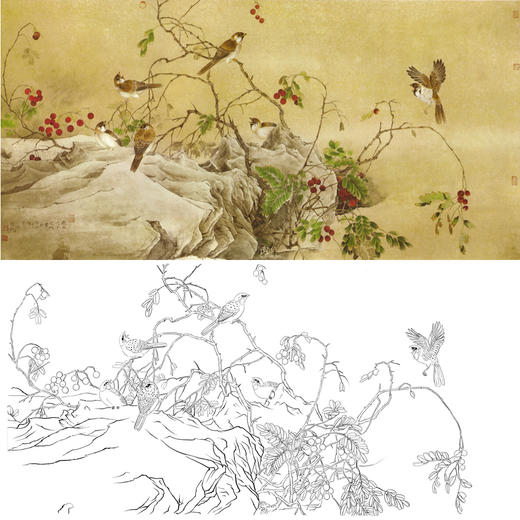 横幅工笔花鸟白描底稿-曹小民-麻雀红果-A032 商品图0