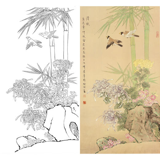 竖幅工笔花鸟白描底稿-喻继高-菊花竹子《清秋》-多种白描尺寸可选-A050 商品图0