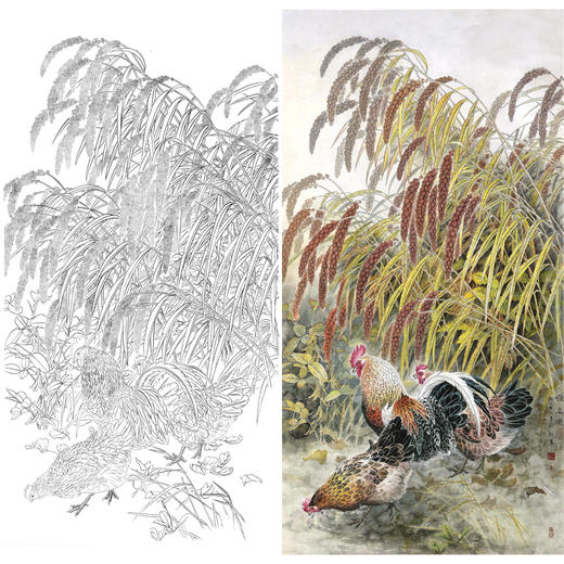 白描底稿工笔竖幅四尺六尺花鸟谷子公鸡a117