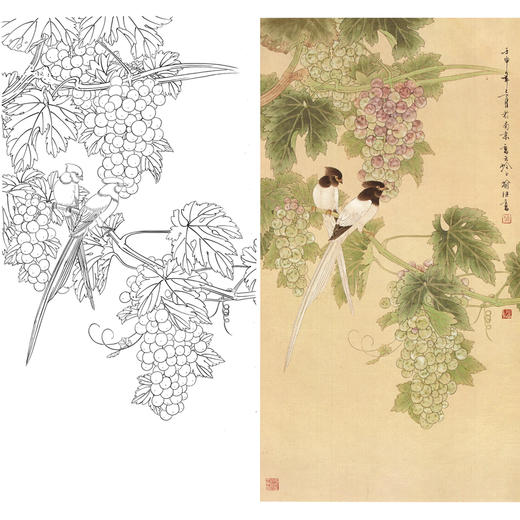 竖幅工笔花鸟白描底稿喻继高葡萄玉珠雪羽多种白描尺寸可选a054