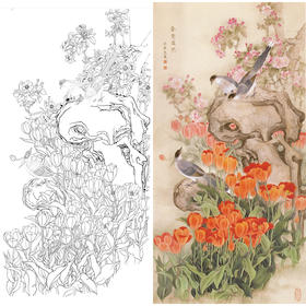 竖幅工笔花鸟白描底稿-梁燕生-喜鹊郁金香《春意盎然》-多种白描尺寸可选-A011