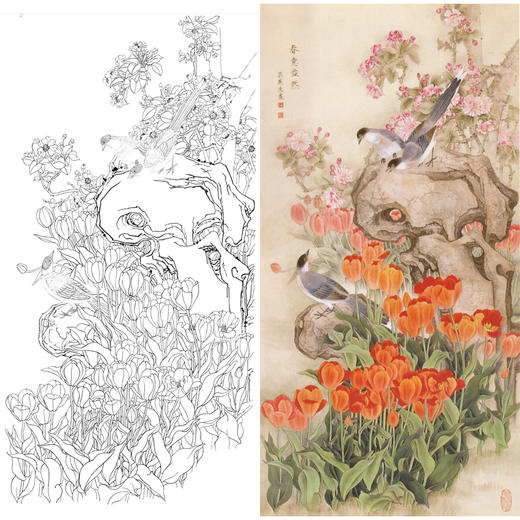 竖幅工笔花鸟白描底稿-梁燕生-喜鹊郁金香《春意盎然》-多种白描尺寸可选-A011 商品图0