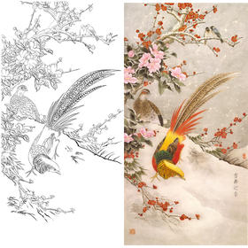 竖幅工笔花鸟白描底稿-梅花锦鸡-雪舞迎春-A036