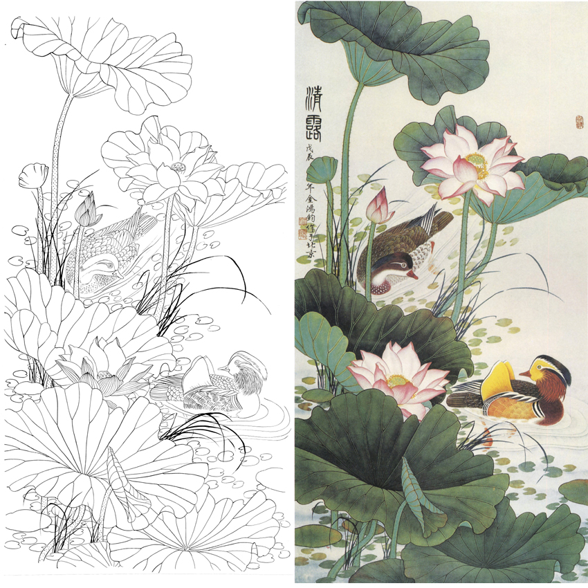 竖幅工笔花鸟白描底稿-金鸿钧四尺六尺-荷花鸳鸯-《清露》-多种白描尺寸可选-A083