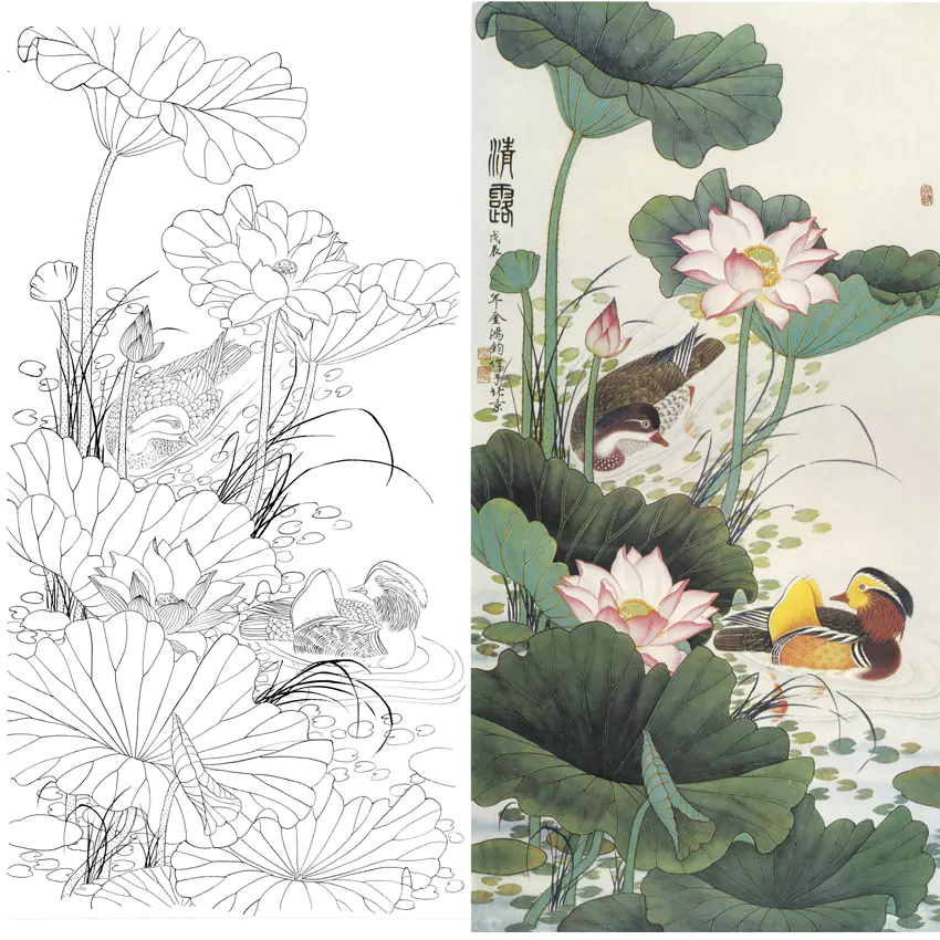 竖幅工笔花鸟白描底稿-金鸿钧四尺六尺-荷花鸳鸯-《清露》-多种白描