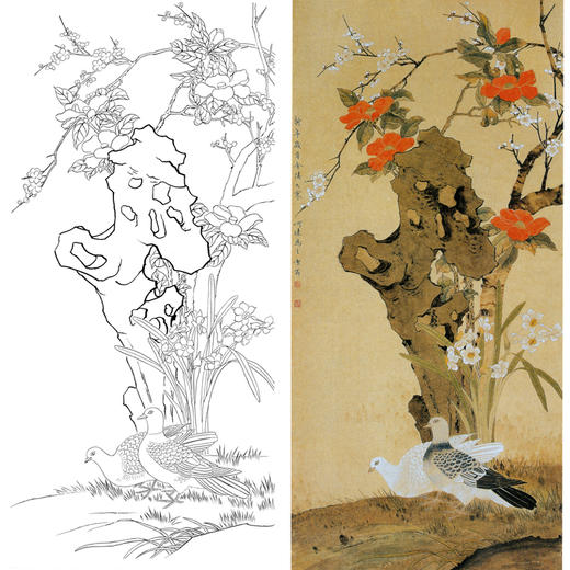 竖幅四尺六尺工笔花鸟白描底稿-陈之佛-山茶花鸽子《早春》-多种白描尺寸可选-A095 商品图0