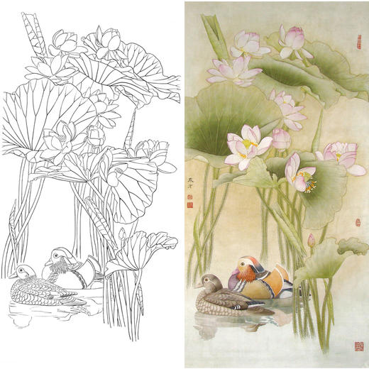 竖幅工笔花鸟白描底稿-荷花鸳鸯-A056 商品图0