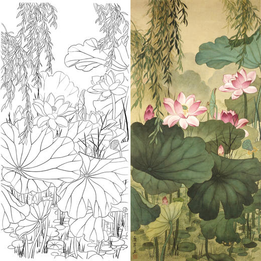 竖幅工笔花鸟白描底稿-王庆升-荷花《荷塘》-多种白描尺寸可选-A040 商品图0