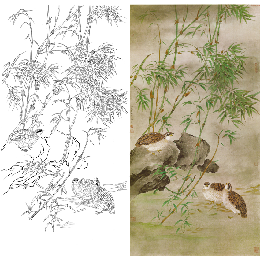 竖幅工笔花鸟白描底稿-曹小民-竹子鹌鹑-A034