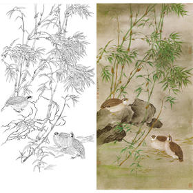 竖幅工笔花鸟白描底稿-曹小民-竹子鹌鹑-A034