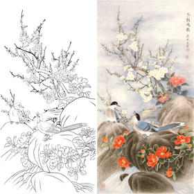 竖幅工笔花鸟白描底稿-梁燕生-腊梅花山茶花《冬朝鸣鹊》-多种白描尺寸可选-A048