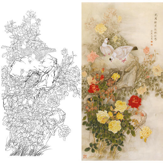 竖幅工笔花鸟白描底稿-梁燕生-月季花鸽子《花团锦簇》-多种白描尺寸可选-A014 商品图0