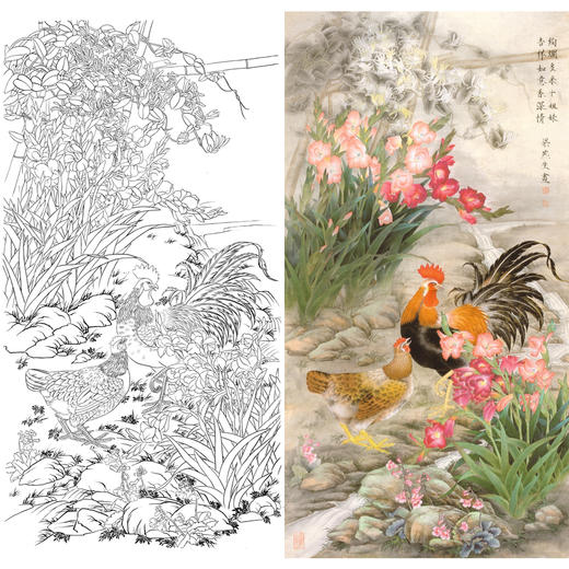 豎幅工筆花鳥白描底稿梁燕生田園公雞a037