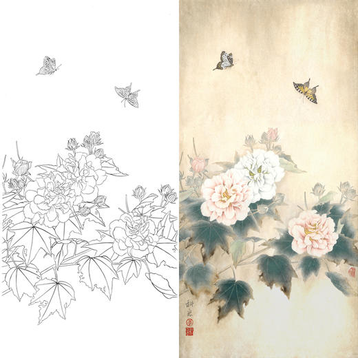 竖幅工笔花鸟白描底稿-芙蓉花蝴蝶-李科宏-A044 商品图0