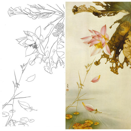 竖幅工笔花鸟白描底稿-荷花青蛙-A053 商品图0