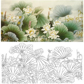 横幅工笔花鸟白描底稿-莫建成-荷花蜻蜓-A029