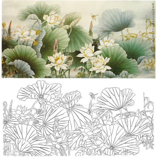 横幅工笔花鸟白描底稿-莫建成-荷花蜻蜓-A029 商品图0