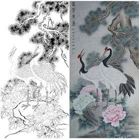 竖幅工笔花鸟白描底稿-松鹤-吕贤文-A125