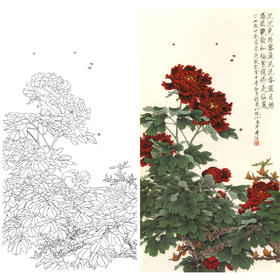 竖幅四尺六尺工笔花鸟白描底稿-周彦生-牡丹《芳香普宇》-多种白描尺寸可选-A085