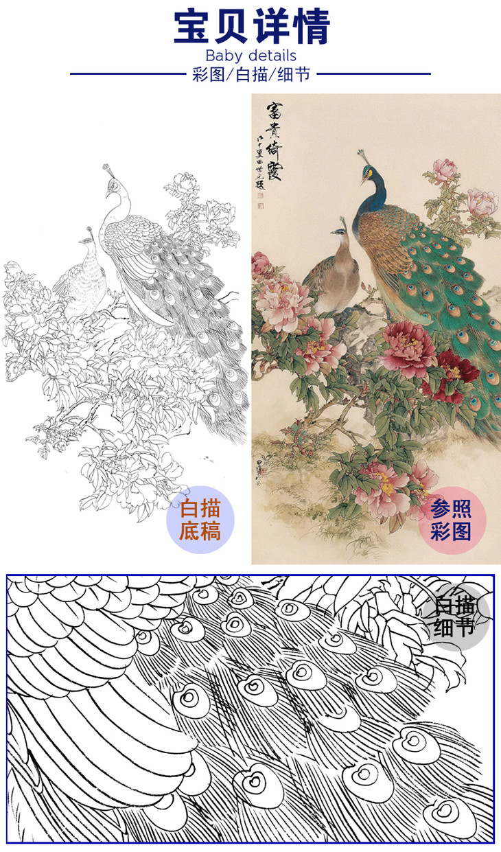 竖幅工笔花鸟白描底稿田世光牡丹孔雀富贵绮霞a081