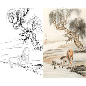 竖幅工笔动物白描底稿-骏马-A130