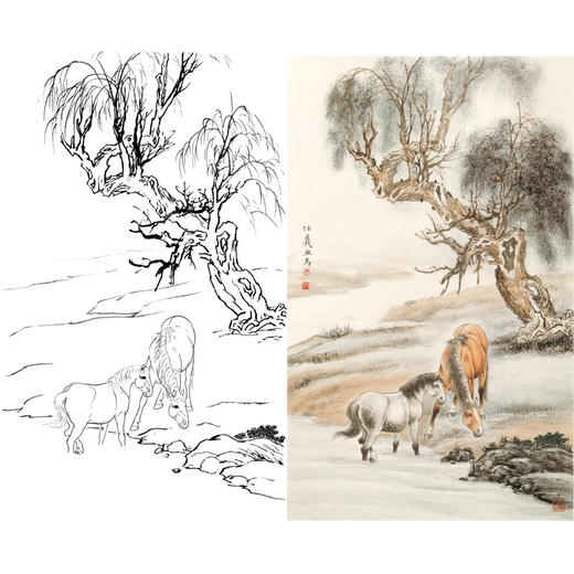 竖幅工笔动物白描底稿-骏马-A130 商品图0